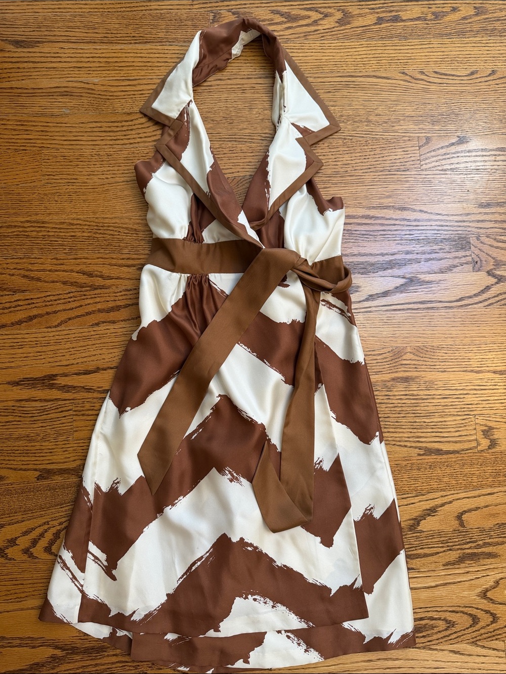 Tibi Silk Brown and Cream Chevron Halter Tie-Waist Dress